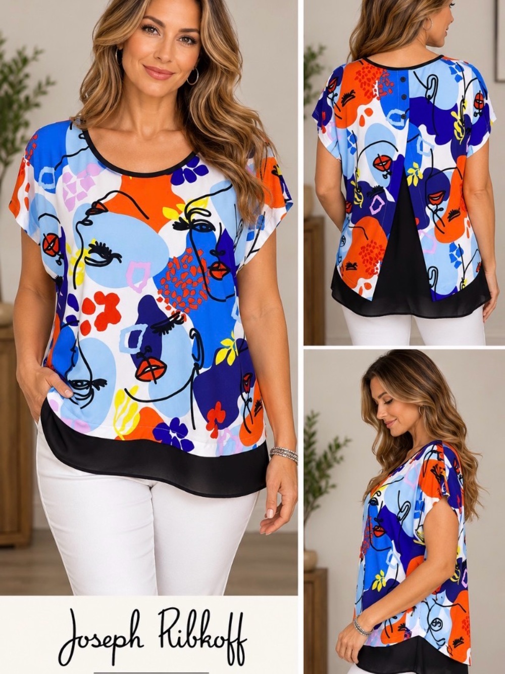 Joseph Ribkoff Abstract Face Print Layered Tunic Top Size 14
